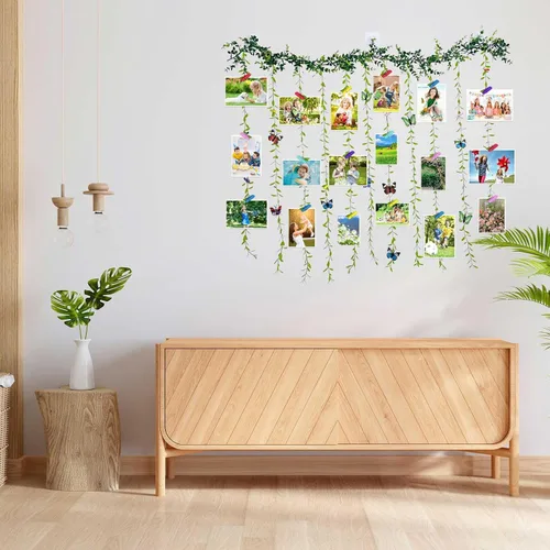 Vista 3 de Expositor de fotos para colgar en la pared con clip, juego de collage de marcos de fotos de hojas de árbol de vid artificiales con 40 clips y 8