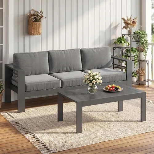 Vista 41 de Solaste Sofá de aluminio para patio con mesa auxiliar, juego de 3 muebles de patio con cojines, sofá de exterior para todo tipo de clima