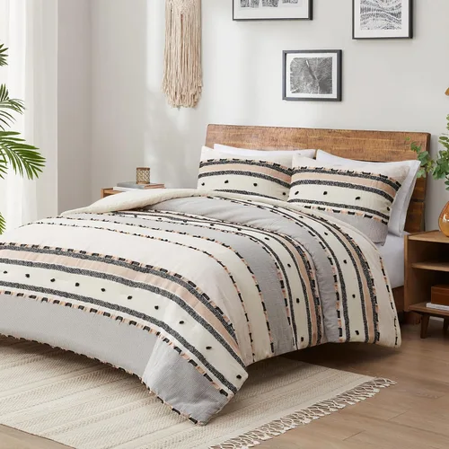 Vista 2 de Hyde Lane Juego de edredón bohemio tamaño Queen, ropa de cama moderna tamaño Full estilo casa de campo, parte superior de algodón con rayas jacquard