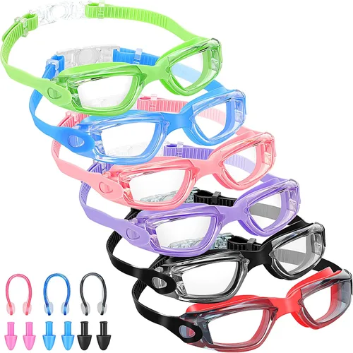 Vista 10 de Flutesan Paquete de 6 gafas de natación para adultos y niños, anti niebla, con tapones para los oídos, clip para la nariz, sin fugas, protección