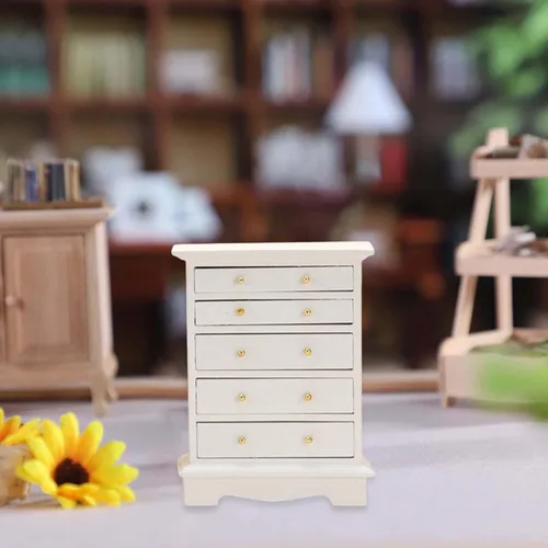 Vista 6 de Menolana Casa de muñecas a escala 1/12 con 5 cajones, armario vertical en miniatura de madera para decoración de dormitorio y accesorios de fotos