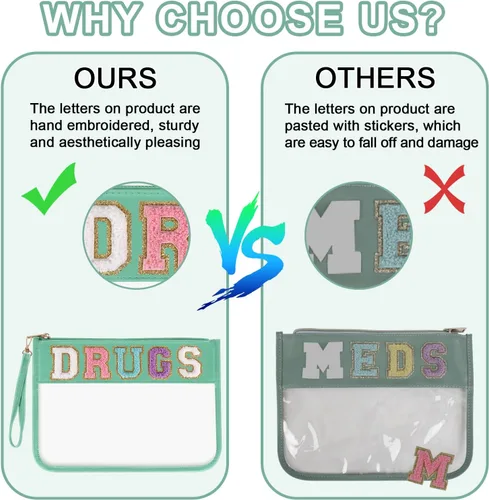 Vista 5 de Iqimott Bolsa de parche de felpilla con letras MEDS transparente, bolsa de maquillaje portátil de preparación para mujeres y niñas, viajes, bolsa