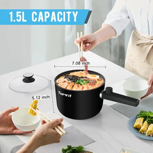Vista 3 de Topwit Olla caliente eléctrica, olla de ramen de 1.5 L, sartén portátil antiadherente, olla eléctrica para pasta, bistec, sin BPA, cocina eléctrica