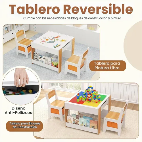 Vista 2 de INFANS Juego de Mesa y Silla para Niños, Escritorio de Actividades de Madera de Bloques de Construcción 4 en 1 con Superficie Reversible, Cajones