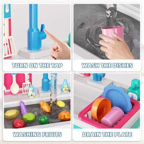 Vista 5 de Doloowee - Juguetes de fregadero de cocina con cambio de color, juguete de lavavajillas eléctrico para jugar con agua corriente para niños de 3 a 5