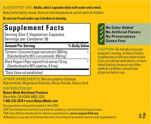 Vista 8 de Nature Made Curcumina de cúrcuma extra fuerte con pimienta negra, 1000 mg de extracto de cúrcuma por porción
