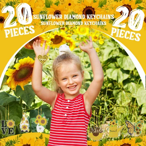 Vista 2 de 20 llaveros de pintura de diamante de gnomo de girasol, kit de llavero de diamante 5D, kit de fabricación de llaveros de gnomo de granja para niños