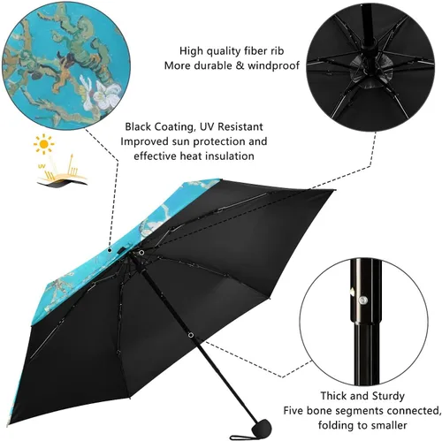 Vista 4 de Sombrilla de viaje plegable compacta con protección UV para 99% de protección UV, resistente al viento, a prueba de lluvia, pequeña sombrilla