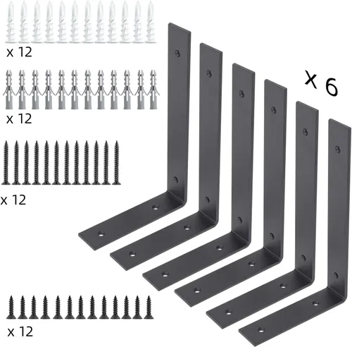Vista 7 de Paquete de 6 soportes de estante negros resistentes de 6 pulgadas, soporte de estante L de 6 pulgadas para estantes flotantes, 1/5 pulgadas de grosor