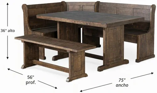Vista 3 de Pemberly Row Juego de rincón de desayuno de 3 piezas de madera estilo granja con mesa, almacenamiento oculto, superficies en tablas, asientos Hoja