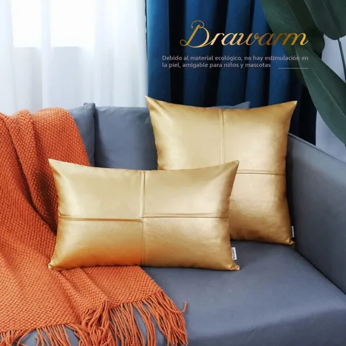 Vista 7 de BRAWARM Fundas de almohada de cuero sintético de 20 x 20 pulgadas, juego de 2 fundas de almohada de cuero dorado, fundas de almohada de cuero