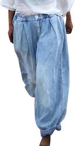 Vista 2 de UQRZAU Pantalones casuales con bolsillos para mujer, pantalones de mezclilla de moda urbana, pantalones de pierna ancha, pantalones recortados