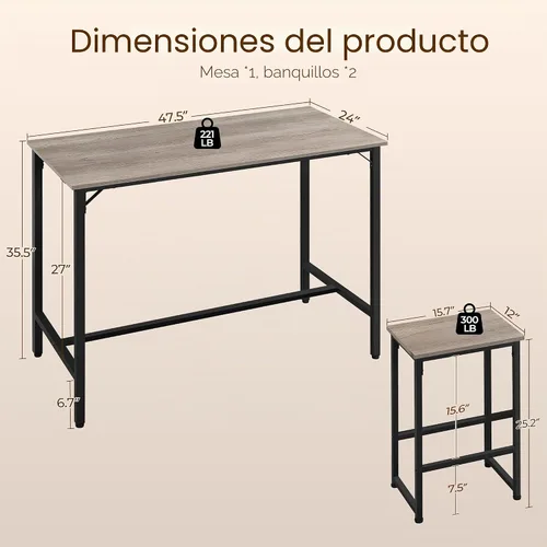 Vista 2 de Yaheetech Juego de mesa de comedor de 3 piezas, juego de mesa de pub industrial de 47.5 pulgadas, mesa de cocina de altura de mostrador