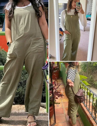 Vista 3 de APAFES Overol con pechera de lino y algodón para mujer, ajuste holgado, con doble bolsillo