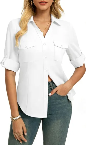 Vista 9 de GRACE KARIN Camisas con botones para mujer, cuello en V clásico, manga 3/4, blusas básicas elegantes sin arrugas