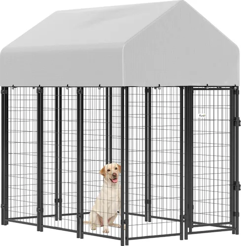 Vista 10 de PawHut Perrera para Perros al Aire Libre con Techo, 4' x 4' x 6' Recinto de Juegos para Perros de Alambre Soldado Resistente con Cerradura a Prueba
