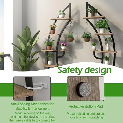 Vista 6 de Giantex Soporte de metal de 6 niveles para plantas de interior, estante de media luna de 61 pulgadas con colgador y dispositivo anticaído, soporte