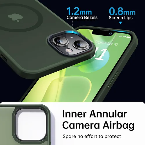 Vista 5 de Funda magnética para iPhone 13 y iPhone 14 para MagSafe [protección de grado militar de 10 pies], delgada, translúcida mate con borde de silicona