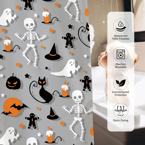 Vista 7 de MEHOFOND Cortina de ducha de calavera de esqueleto de Halloween, divertida cortina de ducha para baño, gato, calabaza, bruja, fantasma, bañeras