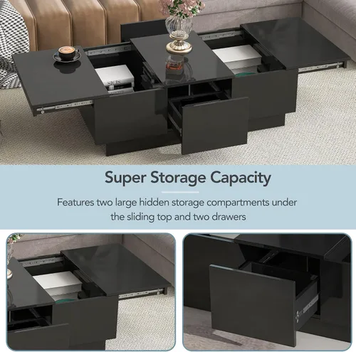 Vista 4 de Mesa auxiliar multifuncional con 2 cajones de almacenamiento, mesa de cóctel de café extensible con 2 cajones, mesa central rectangular de alto