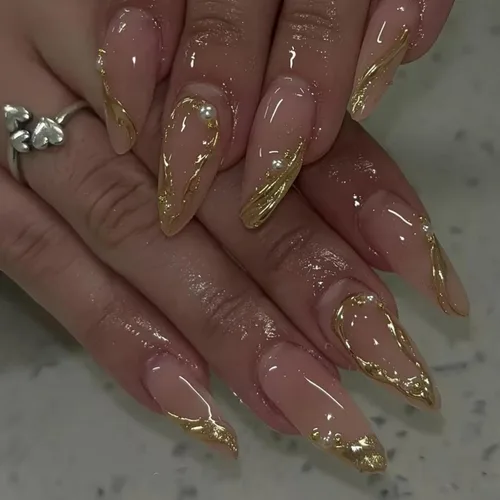 Vista 14 de NBNTGH Uñas postizas a presión de punta francesa blanca, uñas postizas de línea dorada, uñas postizas medianas con diseño de almendra, uñas postizas