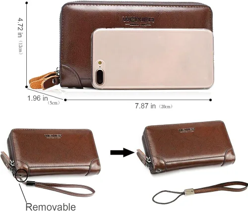 Vista 5 de Bolso de mano para hombre bolso de cuero genuino con cremallera cartera larga para negocios bolso de mano grande