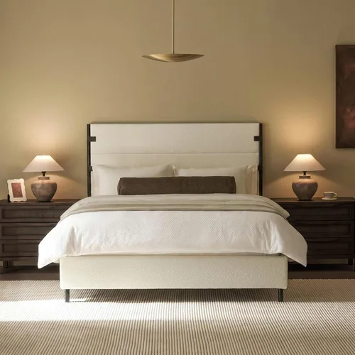 Vista 10 de Recci Base de cama tapizada de tamaño matrimonial con cabecero alto con Chenille beige