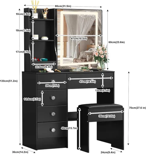 Vista 2 de Escritorio negro con espejo iluminado LED de 10 bombillas, mesa de tocador de maquillaje con asas de cristal, 6 cajones y taburete, tocador