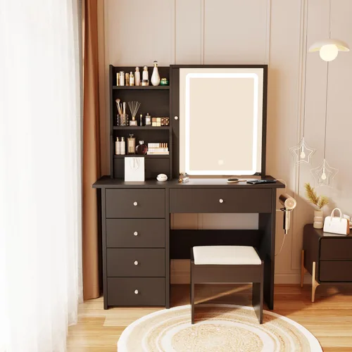 Vista 8 de DYHOME Escritorio de maquillaje con espejo de luces LED, 3 modos ajustables y tomas de corriente, mesa de tocador con 6 cajones y banco, escritorio