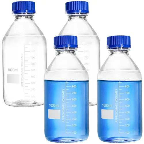 Vista 5 de Yopay Paquete de 4 botellas de vidrio de 33.8 fl oz, botellas de almacenamiento reutilizables con tapa de rosca azul GL45, recipiente redondo