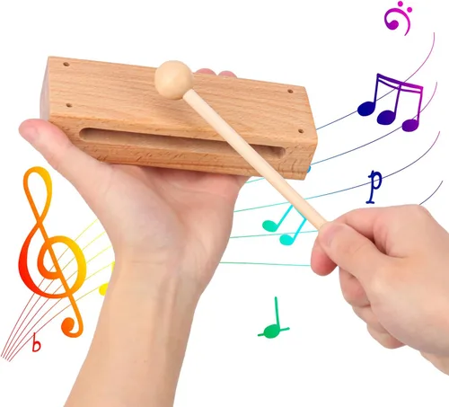 Vista 4 de Juego de 2 bloques de ritmo de madera maciza con mazo, instrumento musical de bloque de madera, bloques de ritmo de percusión, instrumentos