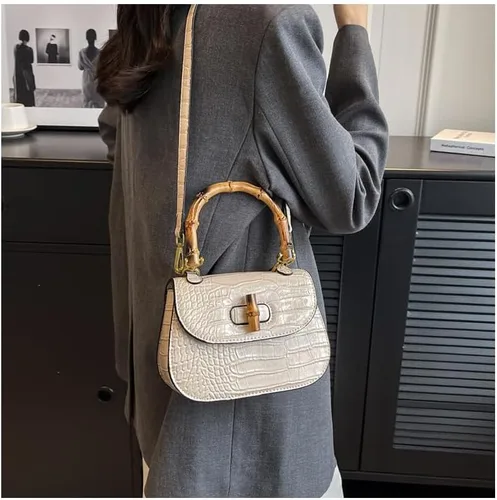 Vista 4 de Bolso de mano de cuero artificial de bambú con asa superior para mujer, elegante bolso de noche, regalo para mujer, hecho a mano