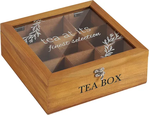 Vista 9 de Caja de té, almacenamiento de bolsas de té, organizador de bolsas de té de bambú, baúl moderno con 9 compartimentos y cubierta transparente