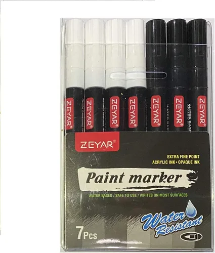 Vista 2 de ZEYAR Bolígrafo de pintura acrílica blanca y negra, a base de agua, juego de 7, punta extrafina, ideal para pintura roca, cerámica, vidrio, madera