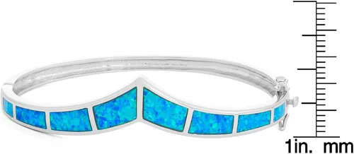 Vista 3 de Brazalete de plata de ley con bisagras con barra curvada de ópalo azul, Metal, Ópalo fabricado