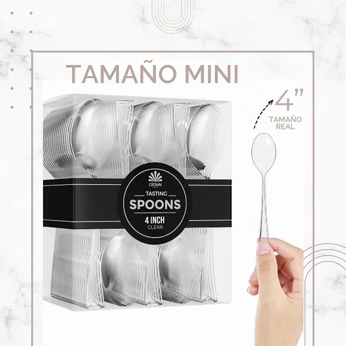 Vista 2 de Mini cucharas de postre – Paquete a granel de 100 cucharas desechables transparentes de plástico de 4 pulgadas para aperitivos – Aspecto real