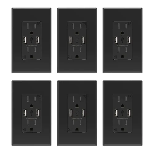 Vista 10 de ELEGRP Receptáculo de toma de pared USB con puertos USB duales de 4.0 A, receptáculo dúplex resistente a manipulaciones de 15 amperios, toma de Negro