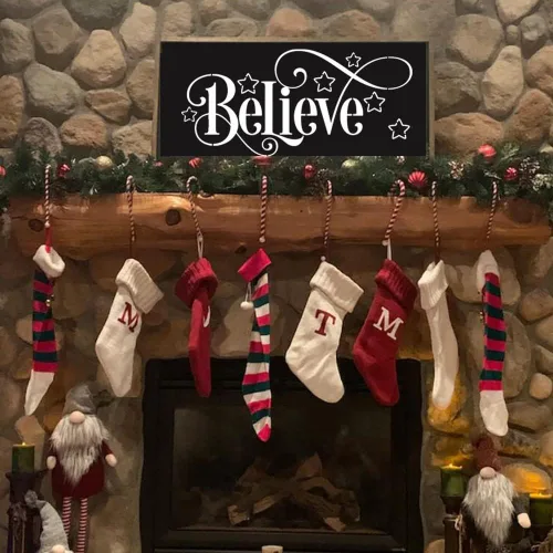 Vista 7 de Plantillas navideñas para pintar en madera, porche, plantilla navideña grande Believe Xmas Holiday para felpudos, cristal de ventanas, telas