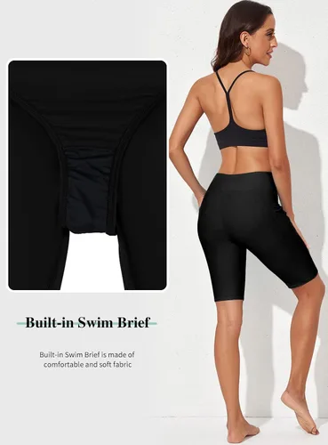 Vista 7 de Aleumdr Pantalones cortos largos de cintura alta para mujer de 8 pulgadas con bolsillo UPF 50+ con forro