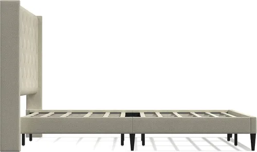 Vista 4 de Glenwillow Home Huppe - Marco de cama tapizado con plataforma MCM con botones, base de colchón, no necesita somier, fácil montaje, beige, tamaño King