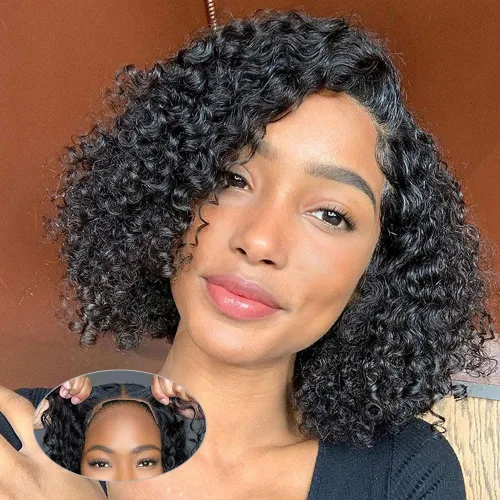 Vista 32 de Pelucas de cabello humano sin pegamento de 8 pulgadas, pre arrancadas, cierre de encaje 4x4, pelucas de cabello humano rizadas con onda profunda