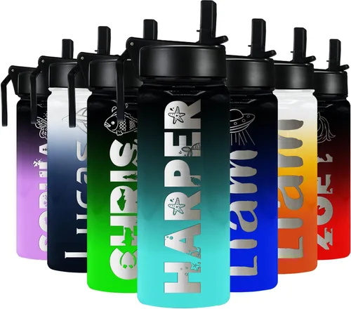 Vista 22 de Botella de agua personalizada para niños con tapa de popote en azul aguamarina degradado para la escuela, nombre personalizado para niños, 18 onzas