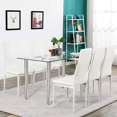 Vista 2 de Mesa de comedor de cristal para 6 personas con parte superior de vidrio templado transparente de 52 pulgadas, mesa de cocina de vidrio rectangular