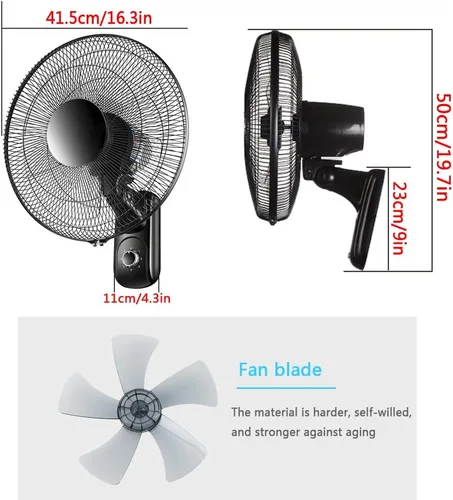 Vista 2 de Ventilador de Pared para Habitación De Niños, 60 W, Color Negro, 3 Velocidades, para El Hogar, El Dormitorio Y La Oficina, Negro-16.3 pulgadas
