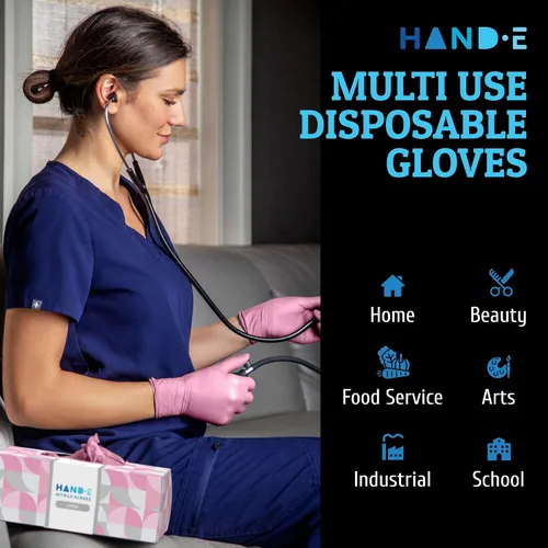 Vista 6 de Hand-E Touch - Guantes desechables de nitrilo rosa, para esteticista, técnico de uñas, tinte y estilista de cabello, guantes de limpieza