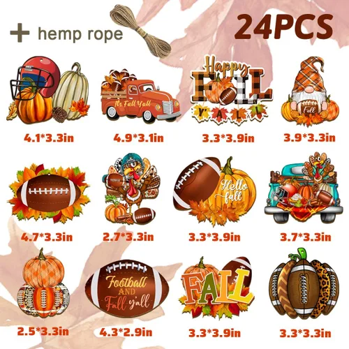 Vista 4 de 24 adornos de fútbol de otoño, suministros de fiesta de puerta de fútbol y otoño, hojas de arce, gnomo, calabaza, adornos de madera con temática