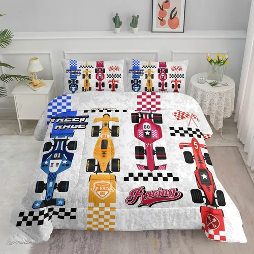 Vista 22 de Juego de edredón para niños Axolotl, tamaño individual, juego de ropa de cama con diseño de autos de carreras para niños, niñas, adolescentes