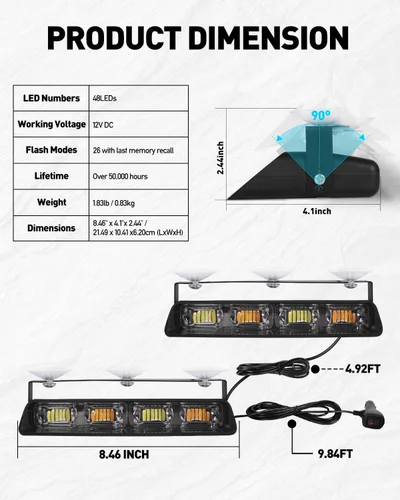 Vista 6 de HLauto 2002L Luces estroboscópicas de emergencia para salpicadero: luces de seguridad ámbar, luces de advertencia intermitentes para parabrisas