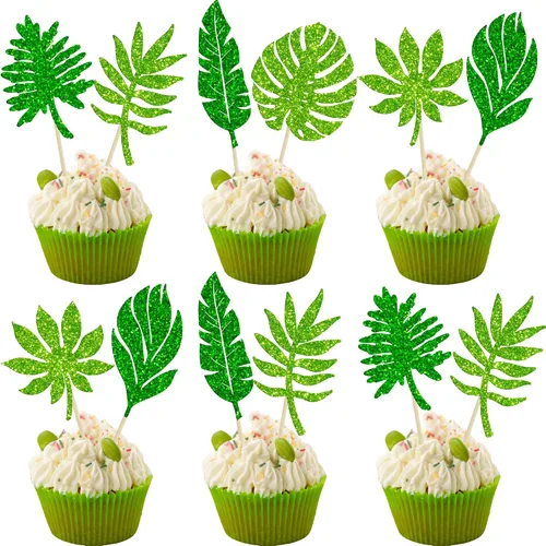 Vista 10 de 36 piezas de adornos para cupcakes de piña verde con purpurina verde para Luau despedida de soltera, fiesta de verano tropical, decoración