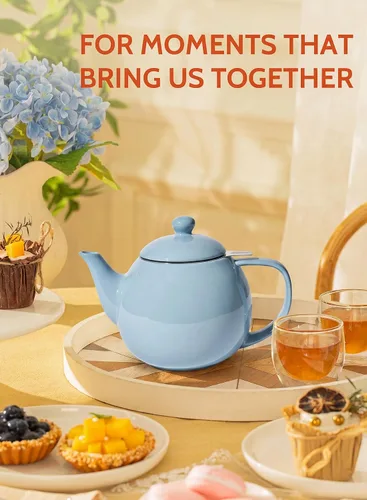 Vista 4 de Sweese Tetera de porcelana de 27 onzas con infusor para té de hojas sueltas, gris azulado